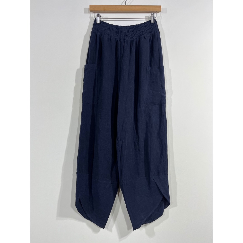 Caracilia Coastal Linen Blend Wide Leg Tulip Hem Pants Womens Small Boho Smocked